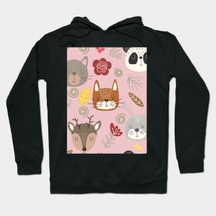 Woodland animals kids pattern pink background Hoodie